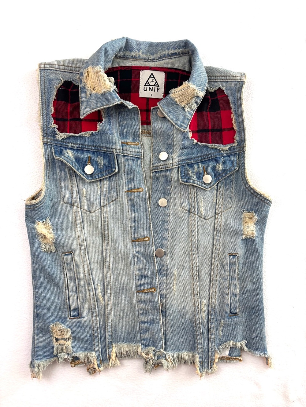 UNIF x Urban Outfitters Rare Shredded Plaid Grunge Denim Trucker Vest (S)